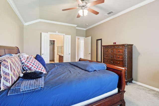 14709 Crystal Lake Dr, Little Elm, TX 75068 - bedroom featuring carpet floors, crown molding, baseboards, a ceiling fan, and vaulted ceiling