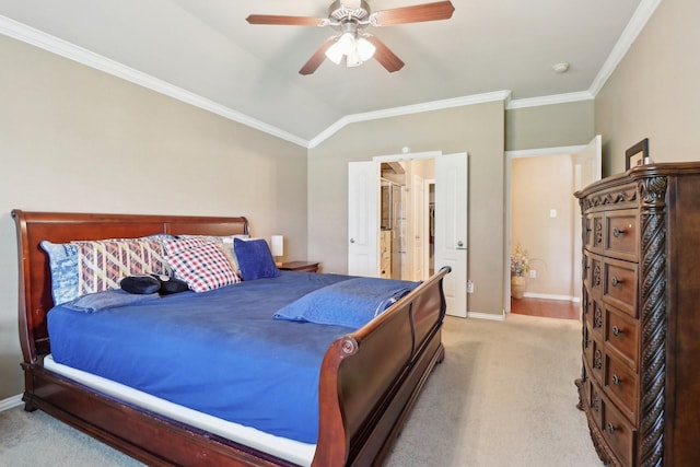 14709 Crystal Lake Dr, Little Elm, TX 75068 - bedroom with carpet floors, crown molding, lofted ceiling, baseboards, and ceiling fan