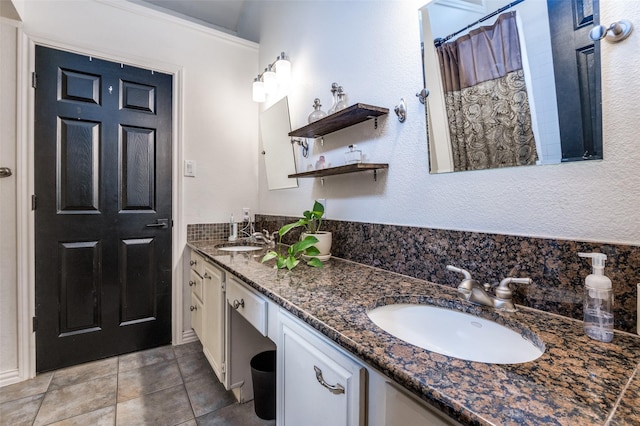 8070 Rock Brook St, Frisco, TX 75034 - bathroom featuring double vanity, tile patterned flooring, and curtained shower