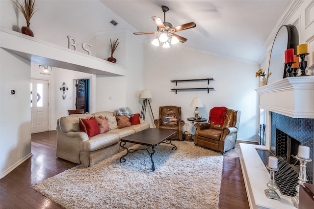 8070 Rock Brook St, Frisco, TX 75034 - living room featuring lofted ceiling, ceiling fan, wood finished floors, a high end fireplace, and baseboards
