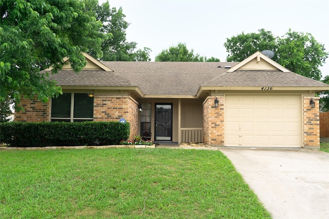 4136 Periwinkle Dr, Fort Worth, TX 76137 - ranch-style house featuring brick siding, concrete driveway, a garage, and a front yard