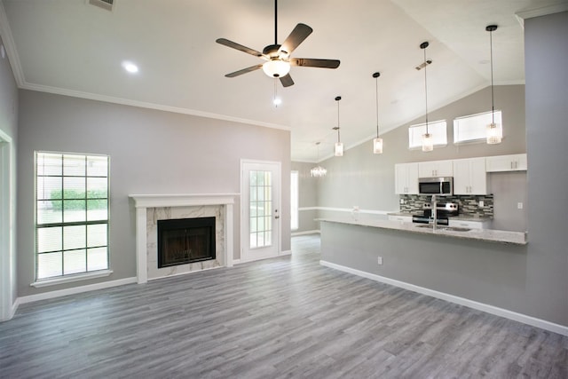 4136 Periwinkle Dr, Fort Worth, TX 76137 - unfurnished living room with ceiling fan, a sink, wood finished floors, baseboards, and a high end fireplace