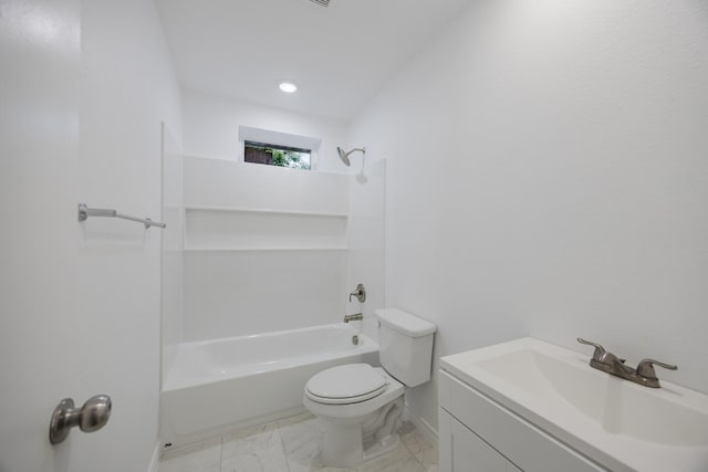 1206 Curtis Dr, Garland, TX 75040 - bathroom with baseboards, toilet, vanity, tub / shower combination, and marble look tiles