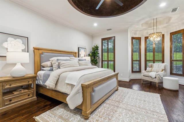 1516 Hawthorne Ln, Keller, TX 76262 - bedroom with dark wood-style flooring, a chandelier, crown molding, baseboards, and recessed lighting