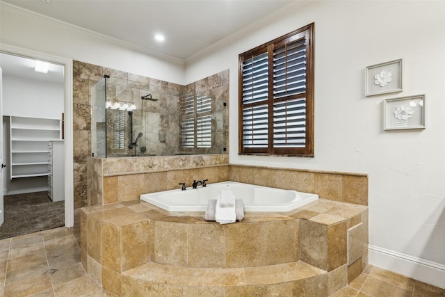 1516 Hawthorne Ln, Keller, TX 76262 - bathroom featuring a bath, walk in shower, crown molding, tile patterned flooring, and a walk in closet