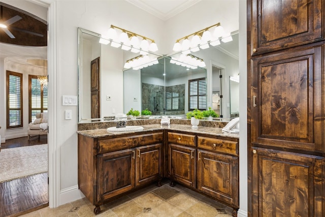 1516 Hawthorne Ln, Keller, TX 76262 - full bath with ensuite bath, a shower with shower door, vanity, ornamental molding, and ceiling fan
