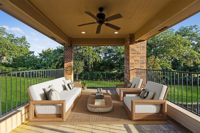 1516 Hawthorne Ln, Keller, TX 76262 - view of patio featuring a ceiling fan, outdoor lounge area, and view of wooded area