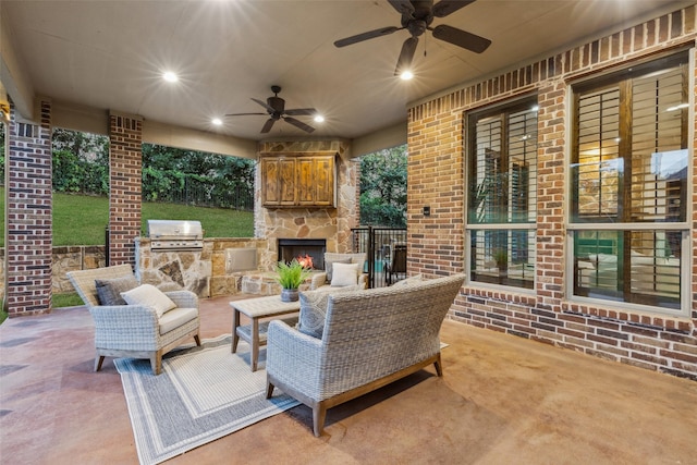 1516 Hawthorne Ln, Keller, TX 76262 - view of patio featuring ceiling fan and an outdoor living space with a fireplace