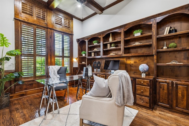 1516 Hawthorne Ln, Keller, TX 76262 - office area featuring a ceiling fan, wood finished floors, beamed ceiling, built in desk, and ornamental molding