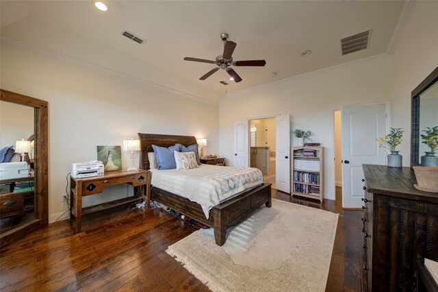 312 Spring Run Dr, Decatur, TX 76234 - bedroom featuring ornamental molding, dark wood-style floors, baseboards, ceiling fan, and connected bathroom