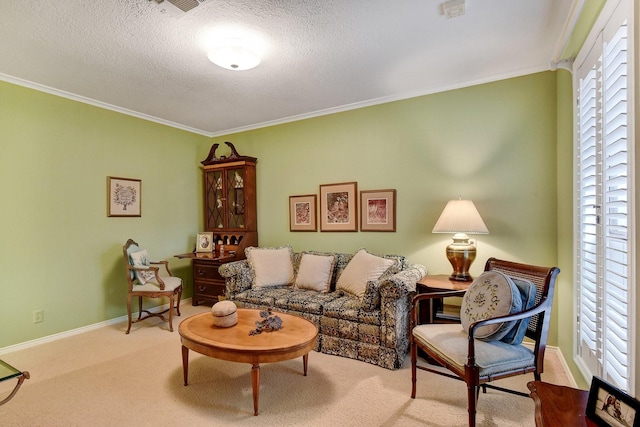 2414 Meadows Ln, Sherman, TX 75092 - carpeted living area featuring ornamental molding, a textured ceiling, and baseboards