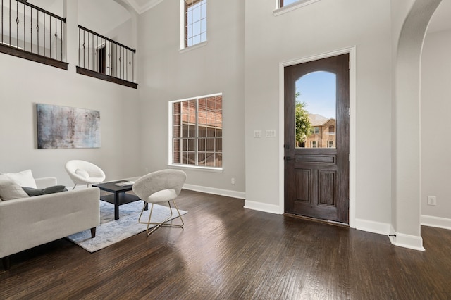 850 White River Dr, Prosper, TX 75078 - foyer featuring wood finished floors, healthy amount of natural light, baseboards, arched walkways, and a towering ceiling