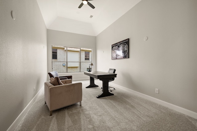 850 White River Dr, Prosper, TX 75078 - carpeted office space with ceiling fan, baseboards, and lofted ceiling