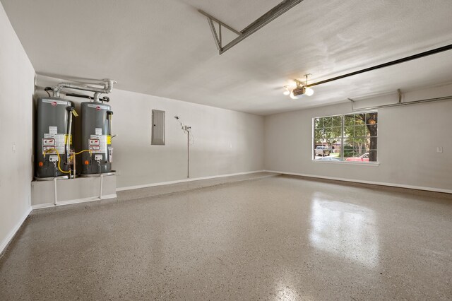 850 White River Dr, Prosper, TX 75078 - garage featuring water heater, a garage door opener, electric panel, and baseboards