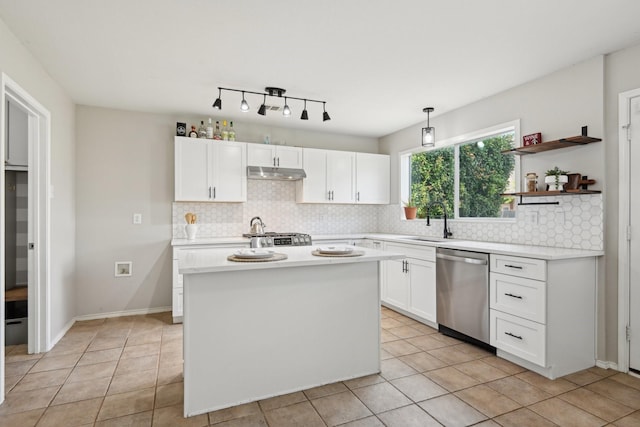 6128 Redear Dr, Fort Worth, TX 76179 - kitchen with stainless steel dishwasher, under cabinet range hood, a sink, and light countertops