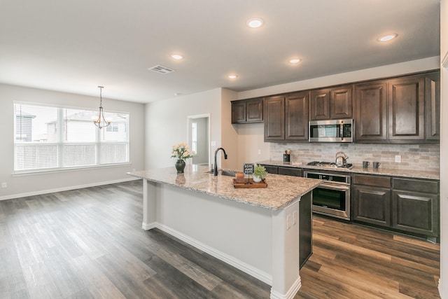 2028 Proteus Dr, Haslet, TX 76052 - kitchen featuring appliances with stainless steel finishes, a sink, backsplash, dark wood-type flooring, and recessed lighting
