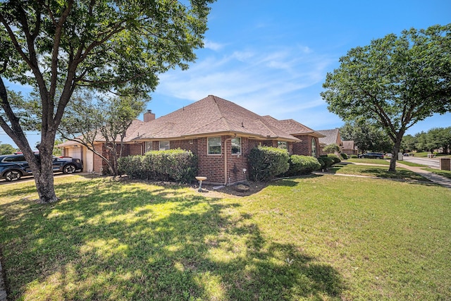5501 Gateway Ln, Arlington, TX 76017 - view of side of home featuring brick siding, a lawn, a garage, a chimney, and roof with shingles