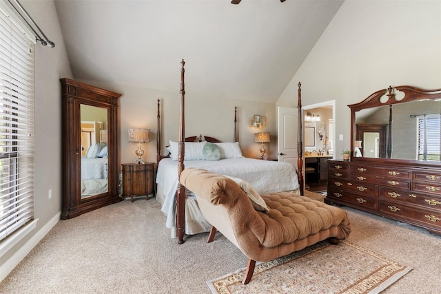 225 County Road 3525, Paradise, TX 76073 - bedroom with light carpet, high vaulted ceiling, connected bathroom, and ceiling fan