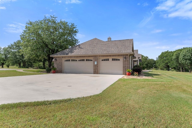 225 County Road 3525, Paradise, TX 76073 - view of side of property with an attached garage, concrete driveway, brick siding, and a lawn