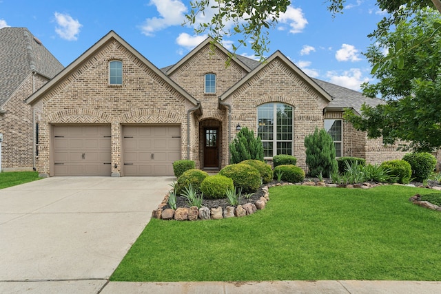 1421 Pitaya Dr, Argyle, TX 76226 - french country home with brick siding, concrete driveway, a front lawn, and an attached garage
