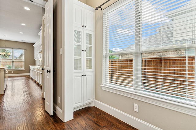 1421 Pitaya Dr, Argyle, TX 76226 - hallway with dark wood-style floors, baseboards, a chandelier, and recessed lighting