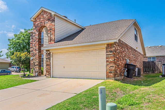 1301 Hennessey Ct, Fort Worth, TX 76131 - view of property exterior with brick siding, concrete driveway, a shingled roof, central AC unit, and an attached garage