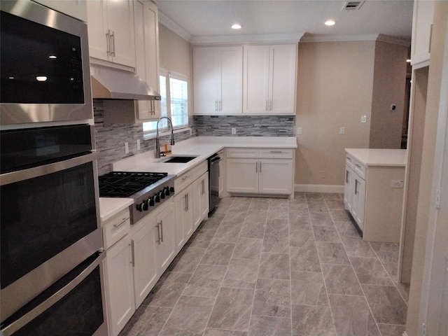 899 E Jefferson St, Van Alstyne, TX 75495 - kitchen featuring stainless steel appliances, a sink, crown molding, under cabinet range hood, and light countertops