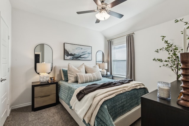 1104 Egret Way, Celina, TX 75009 - bedroom featuring dark colored carpet, vaulted ceiling, baseboards, and ceiling fan