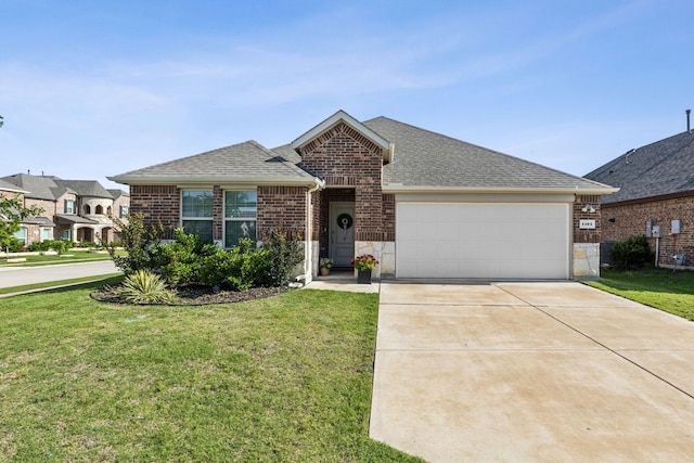1104 Egret Way, Celina, TX 75009 - french country inspired facade with a garage, brick siding, a front lawn, concrete driveway, and a shingled roof