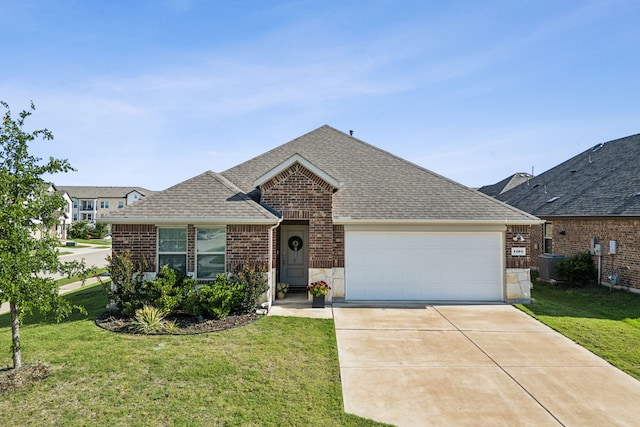 1104 Egret Way, Celina, TX 75009 - view of front of house featuring brick siding, a front lawn, an attached garage, a shingled roof, and driveway