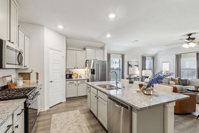 1104 Egret Way, Celina, TX 75009 - kitchen featuring appliances with stainless steel finishes, a sink, open floor plan, light wood-style flooring, and recessed lighting