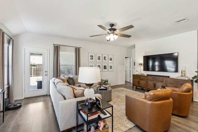 1104 Egret Way, Celina, TX 75009 - living room featuring a ceiling fan, wood finished floors, vaulted ceiling, and baseboards