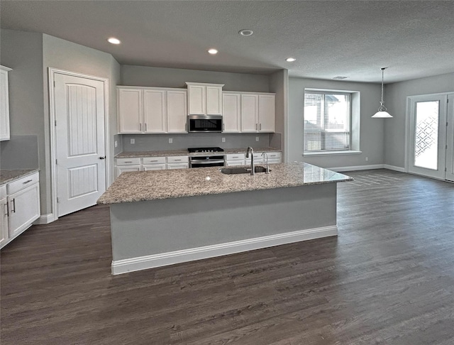 2809 Lakeside Dr, Aubrey, TX 76227 - kitchen featuring stainless steel microwave, range, a sink, baseboards, and dark wood-style floors