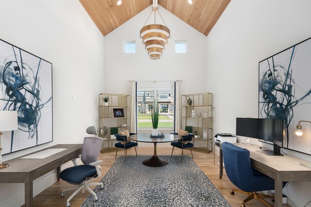 4155 American Pharoah Way, Celina, TX 75009 - office area featuring light wood-type flooring, high vaulted ceiling, and wood ceiling