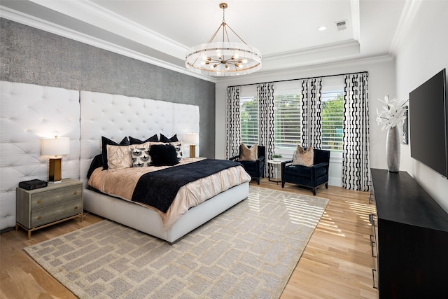 4155 American Pharoah Way, Celina, TX 75009 - bedroom featuring crown molding, a chandelier, light wood-style floors, a raised ceiling, and recessed lighting