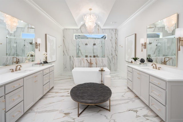4155 American Pharoah Way, Celina, TX 75009 - full bathroom with a chandelier, vaulted ceiling, a marble finish shower, marble tiled floors, and two vanities