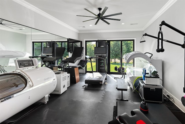 4155 American Pharoah Way, Celina, TX 75009 - exercise room with ceiling fan, ornamental molding, and recessed lighting