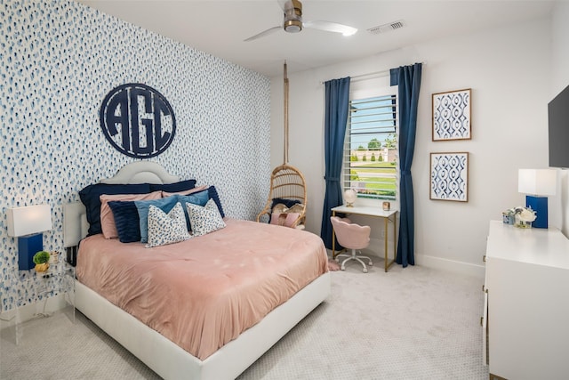 4155 American Pharoah Way, Celina, TX 75009 - bedroom featuring wallpapered walls, an accent wall, carpet flooring, baseboards, and ceiling fan