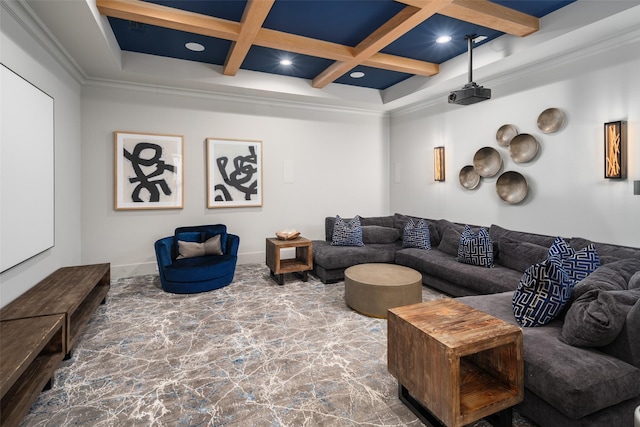 4155 American Pharoah Way, Celina, TX 75009 - living area featuring coffered ceiling, beamed ceiling, and baseboards