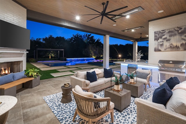 4155 American Pharoah Way, Celina, TX 75009 - view of patio / terrace featuring an outdoor living space with a fireplace, ceiling fan, and an outdoor pool