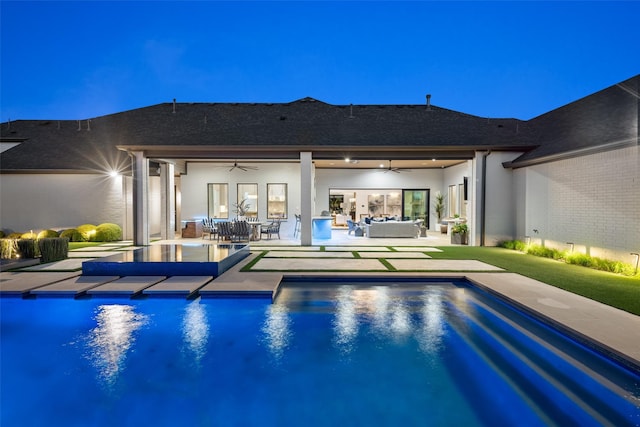 4155 American Pharoah Way, Celina, TX 75009 - swimming pool with an outdoor living space, a ceiling fan, a patio, and outdoor dining area
