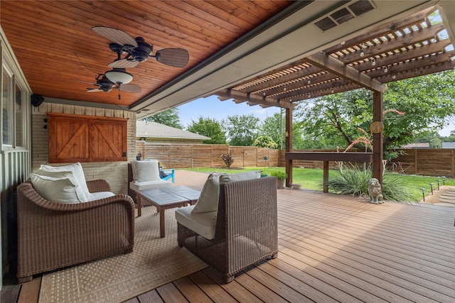 10420 Carry Back Cir, Dallas, TX 75229 - wooden terrace featuring a fenced backyard, a pergola, a ceiling fan, and an outdoor hangout area