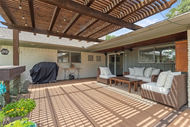 10420 Carry Back Cir, Dallas, TX 75229 - wooden terrace featuring a grill, a pergola, an outdoor hangout area, and ceiling fan
