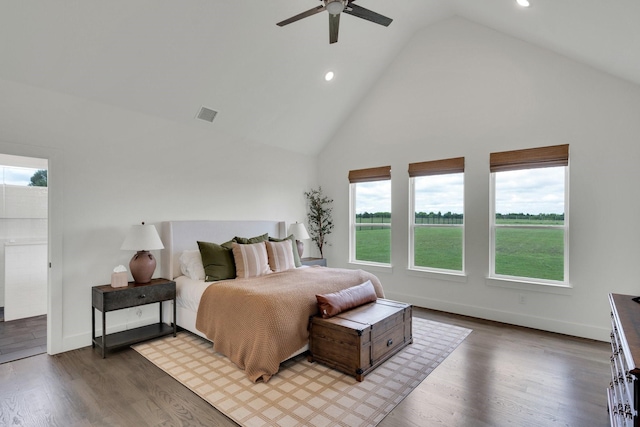 219 Mulkey Rd, Waxahachie, TX 75167 - bedroom with high vaulted ceiling, wood finished floors, recessed lighting, baseboards, and a ceiling fan