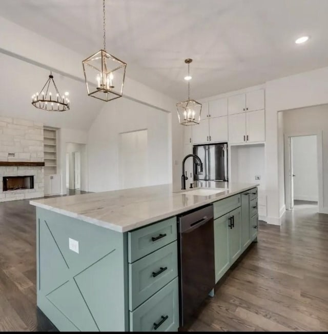 219 Mulkey Rd, Waxahachie, TX 75167 - kitchen with dishwasher, a chandelier, white cabinetry, a sink, and dark wood-type flooring