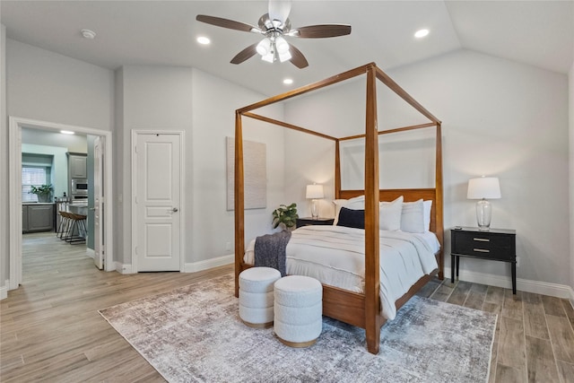 800 Marion Farm Rd E, Little Elm, TX 75068 - bedroom featuring light wood finished floors, baseboards, recessed lighting, vaulted ceiling, and a ceiling fan