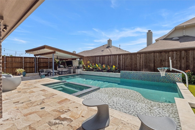 800 Marion Farm Rd E, Little Elm, TX 75068 - view of pool featuring a patio, a fenced backyard, ceiling fan, and a pool with connected hot tub
