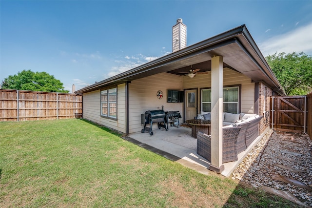 2813 Ashton Way, Mckinney, TX 75071 - rear view of house featuring a ceiling fan, an outdoor hangout area, a patio area, a chimney, and a gate