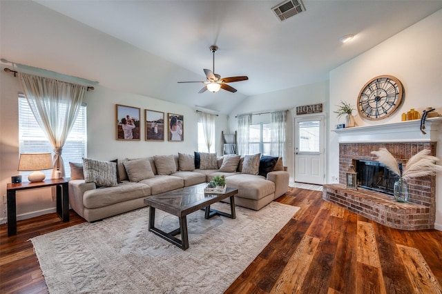 2813 Ashton Way, Mckinney, TX 75071 - living room with ceiling fan, lofted ceiling, a brick fireplace, and wood finished floors