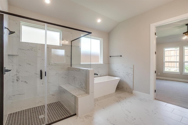 604 Bluff Point Ln, Haslet, TX 76052 - bathroom featuring a freestanding bath, a marble finish shower, ceiling fan, recessed lighting, and baseboards